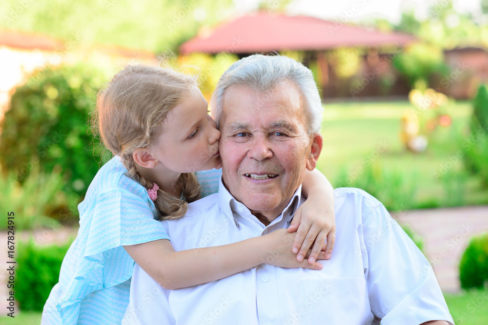 Portrait of happy old grandfather and cute children Portrait of happy old grandfather and cute children