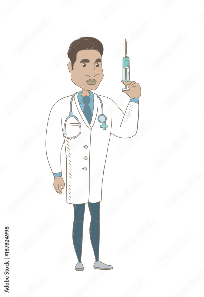 Hispanic doctor holding medical injection syringe. Young doctor standing  with syringe. Doctor holding syringe ready for injection. Vector sketch  cartoon illustration isolated on white background. Stock Vector | Adobe  Stock