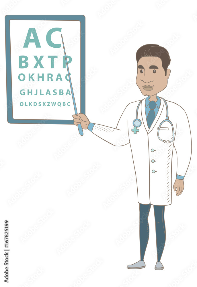 Hispanic ophthalmologist doctor standing on the background of eye chart. Ophthalmologist examining vision of patient with an eye chart. Vector sketch cartoon illustration isolated on white background. Hispanic ophthalmologist doctor standing on the background of eye chart. Ophthalmologist examining vision of patient with an eye chart. Vector sketch cartoon illustration isolated on white background.