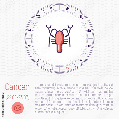 Cancer in zodiac wheel, horoscope chart with place for text. Thin line vector illustration.