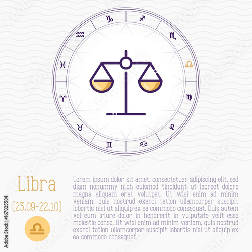 Libra in zodiac wheel, horoscope chart with place for text. Thin line vector illustration.