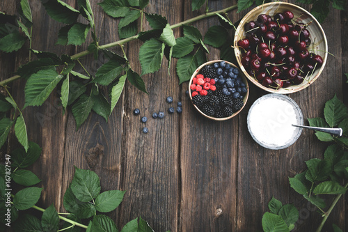 Cherries, berries, and powdered sugar