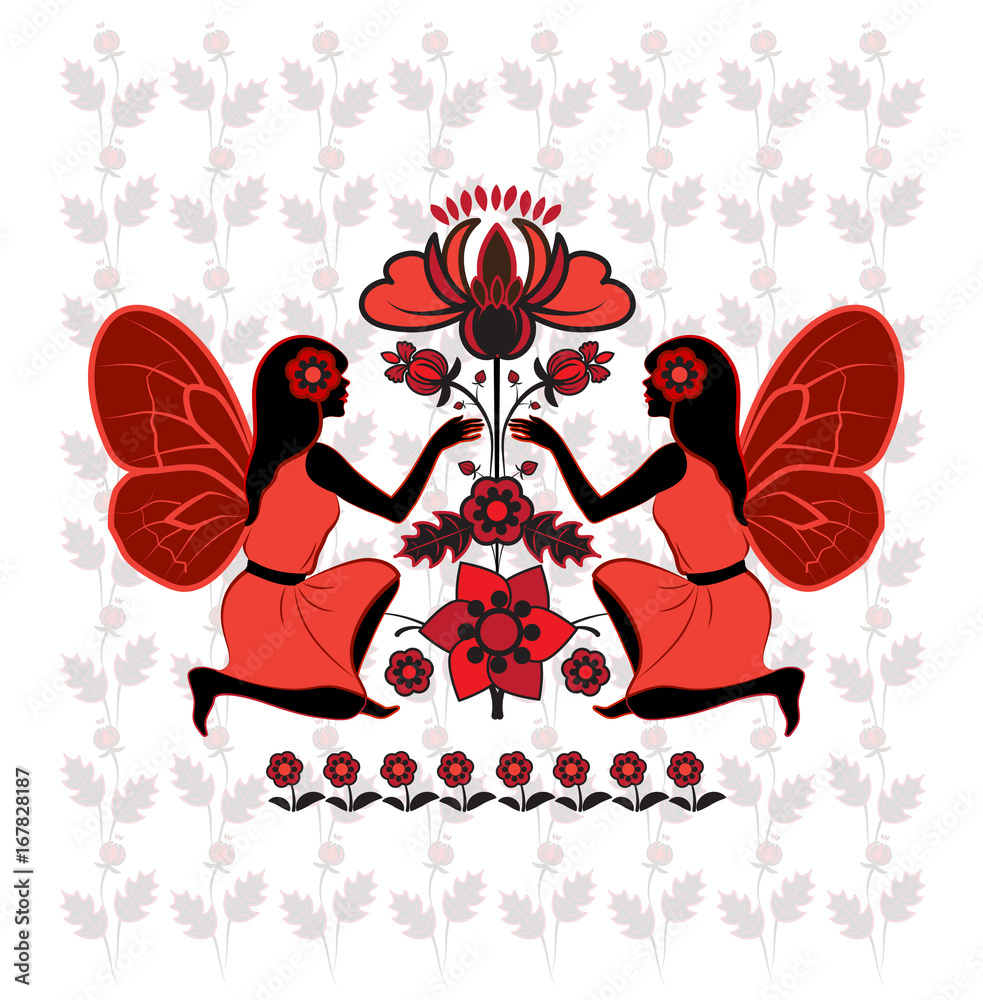 Two elfs near red flowers, folk ornament with red flowers and two elves  Stock Vector | Adobe Stock