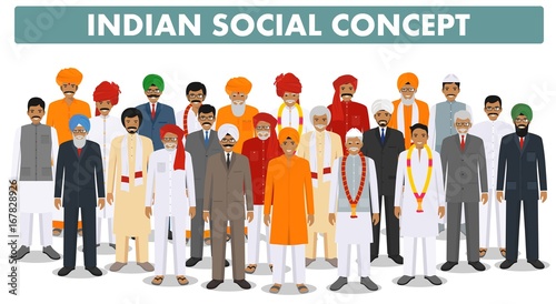 Family and social concept. Group young and senior indian people standing together in different traditional clothes on white background in flat style. Vector illustration.