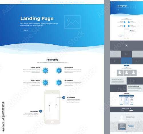 One page website design template for business. Landing page wireframe. Modern responsive design. Ux ui website: about us, features, video, gallery, team, pricing, subscribe, testimonials, contacts