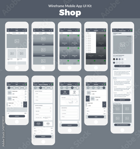 Wireframe UI kit for mobile phone. Mobile App Shop; Category, product, cart, delivery, shipping, and payment screens
