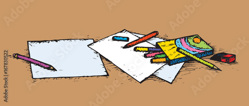 Pencils and paper. Vector drawing