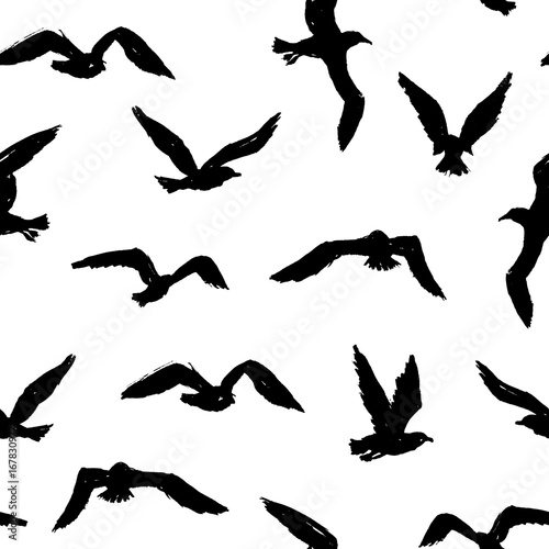 Seagulls - grunge seamless pattern with hand-drawn birds