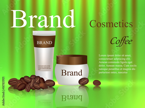 Body scrub coffee, cream, gel, body lotion on brown background, cosmetics design, coffee beans, beauty, advertisement, banner, poster, 3d vector, realistic illustration