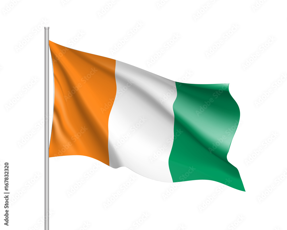 Obraz premium Ivory Coast flag. Illustration of African country waving flag on flagpole. Vector 3d icon isolated on white background. Realistic illustration