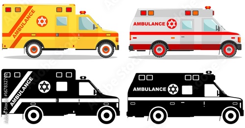 Medical concept. Different kind jewish car ambulances isolated on white background in flat style: colored and black silhouette. Vector illustration.