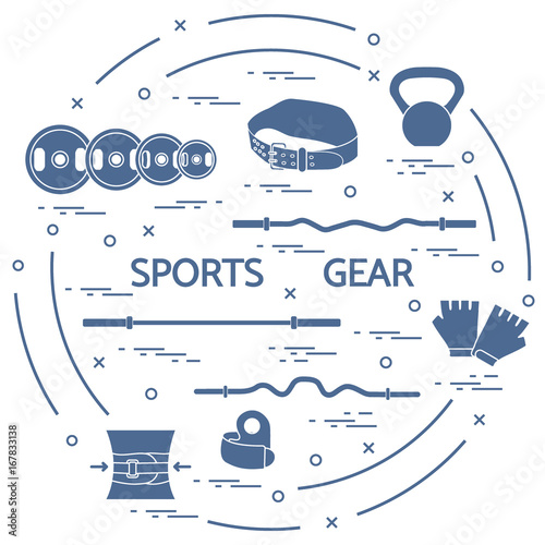 Different goods for weightlifting arranged in a circle.