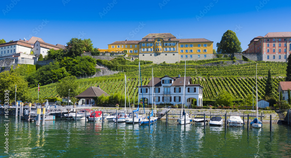 The port of Meersburg with the state winery Meersburg above - Meersburg, Lake Constance, Baden-Wuerttemberg, Germany, Europe