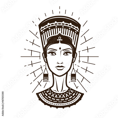 Portrait of beautiful young woman, girl in ethnic outfit. Egypt, Africa logo or label. Vintage vector illustration