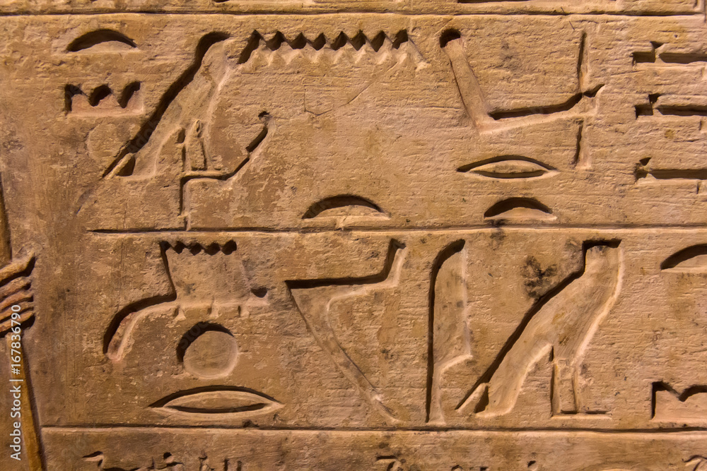 Hieroglyphic carvings on the exterior walls of an ancient egyptian temple