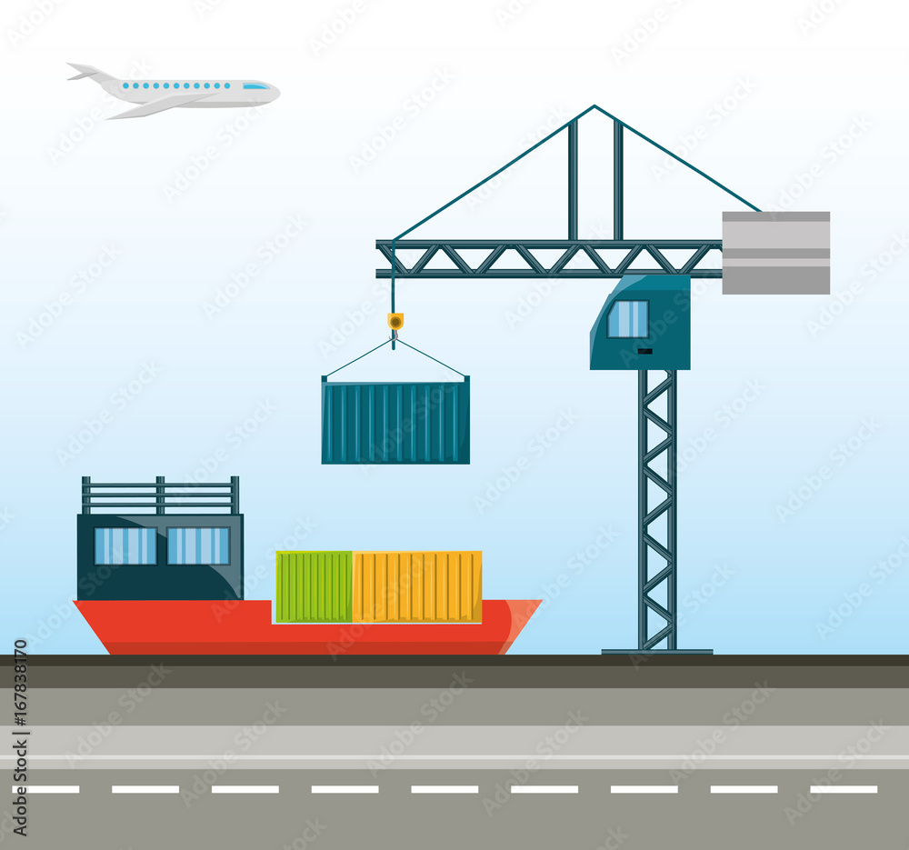 Naklejka premium cargo ship with container and crane