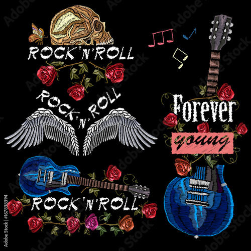 Embroidery music collection. Rock elements for clothes. Guitar, gothic roses, angel wings, human skull, music notes. Embroidery fashion music art