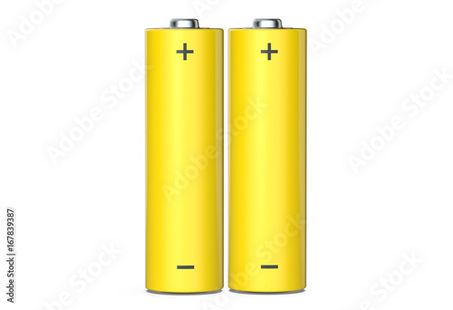 Pair of AA Alkaline batteries, isolated on white background, 3D render. photo