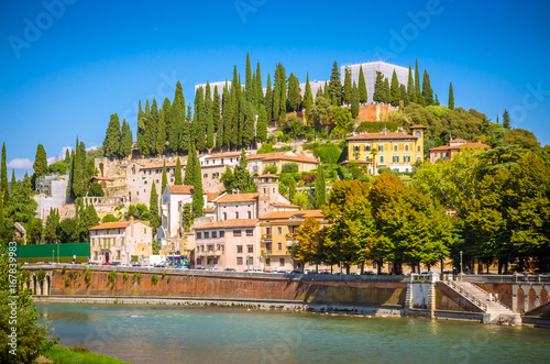 Bild auf Leinwand Teatro Romano and castel San Pietro on Adige river in Verona, Veneto region, Italy