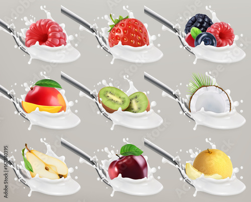 Fruit and berries yogurt. Milk splash. 3d realistic vector icon set