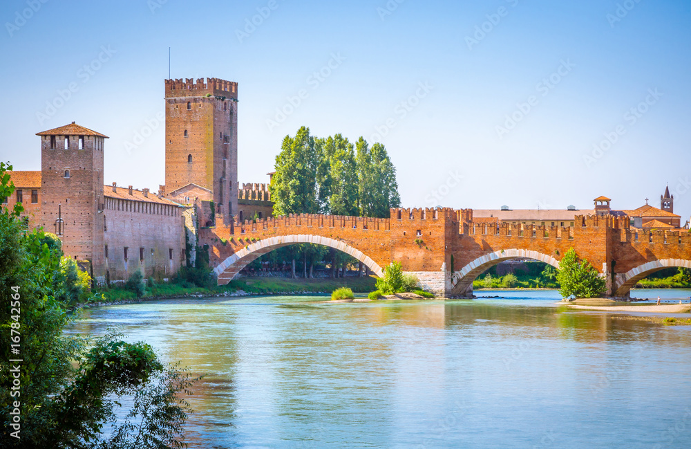Bridge Ponte Scaligero built in 14th century  in Verona, Veneto region, Italy.