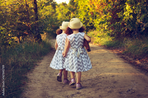 Two cute curly kids in a beautiful dress and straw summer hats walking away on forest or park road. Twins holding hands. Toddler friendship in a childhood. Sunlight bakground © Ольга Тернавская