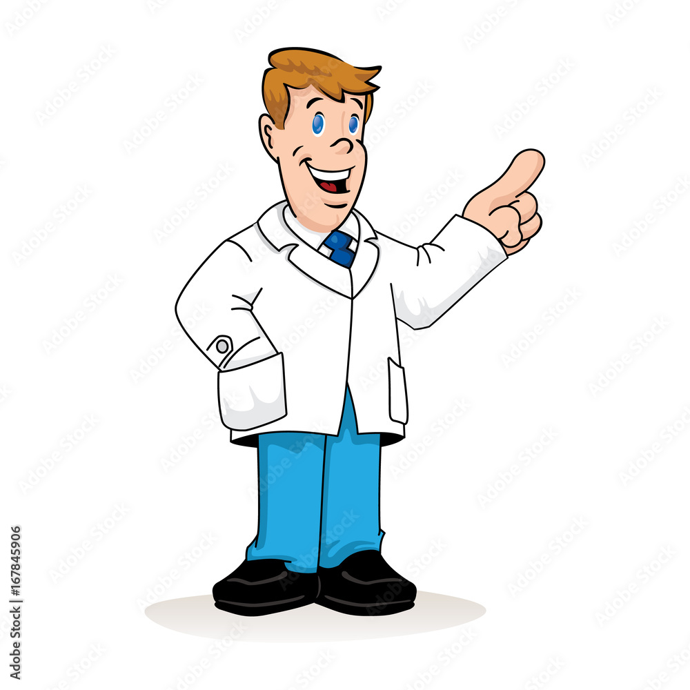 Illustration depicting an caucasian man in a lab coat, doctor, teacher or pharmacist with hand in his pocket explaining something. Ideal for institutional materials and training