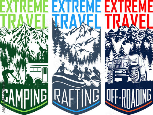 set of vector travel flayer illustration - camping, 4x4 off-roading and whitewater rafting