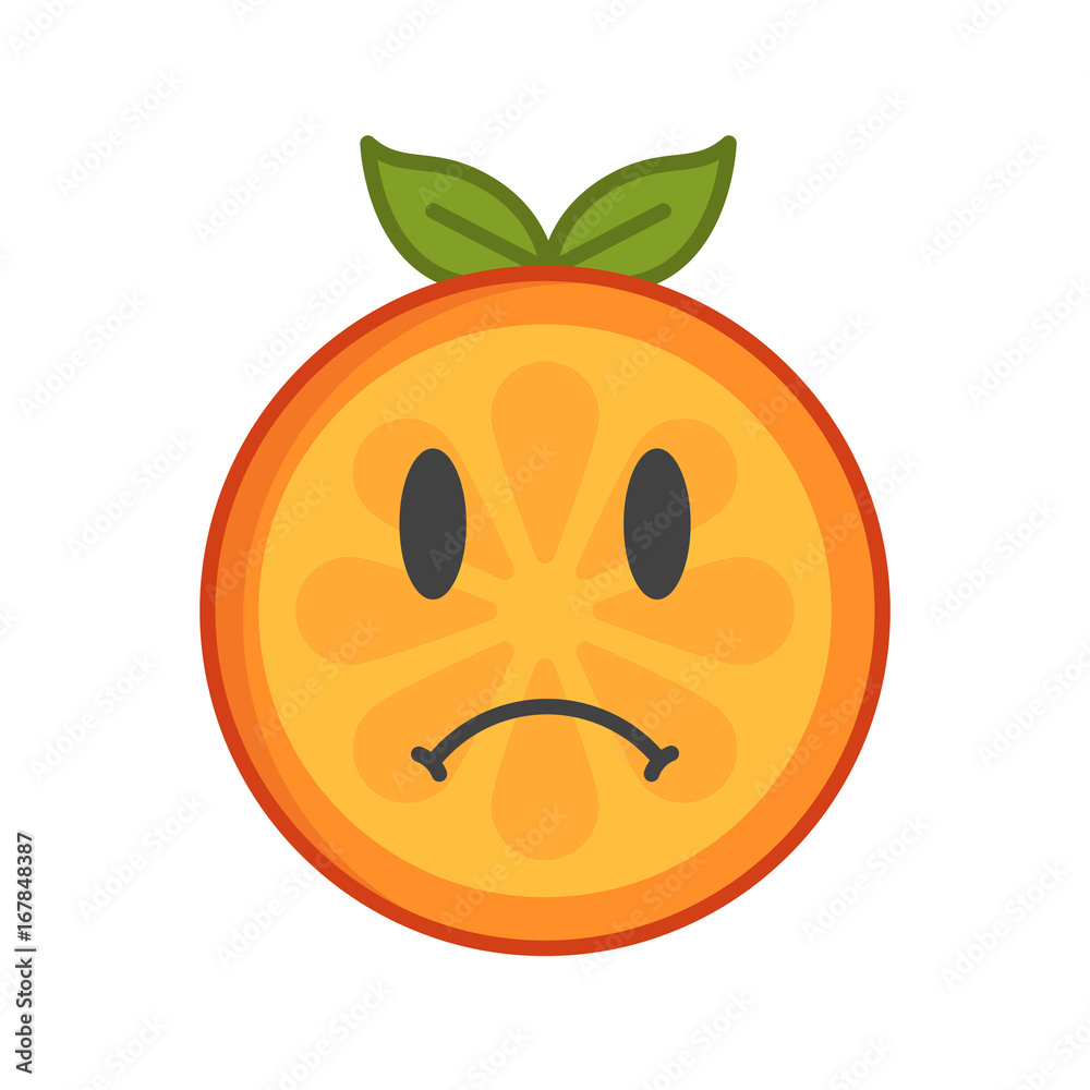 Sad emoji. Sad despondent orange fruit emoji feeling like crying. Vector flat design emoticon icon isolated on white background. Sad emoji. Sad despondent orange fruit emoji feeling like crying. Vector flat design emoticon icon isolated on white background.