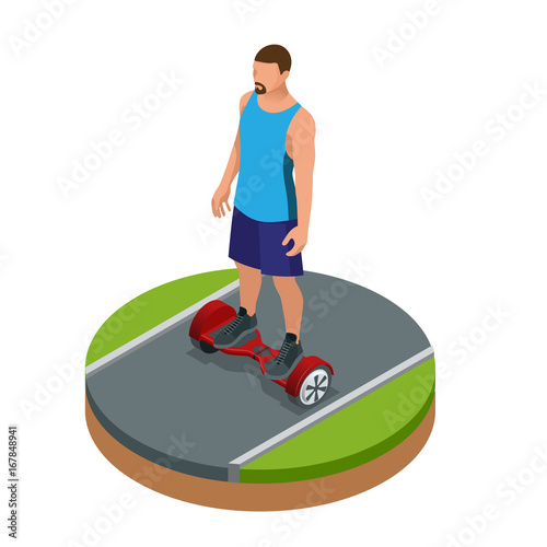 Isometric man riding on hover board or gyroscooter outdoors in summer. Active life concept. Most popular gadget of the year. Alternative Eco Transport Self-balancing electric scooter.