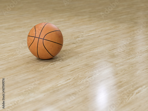 Basketball court wooden floor with ball isolated on black with copy-space