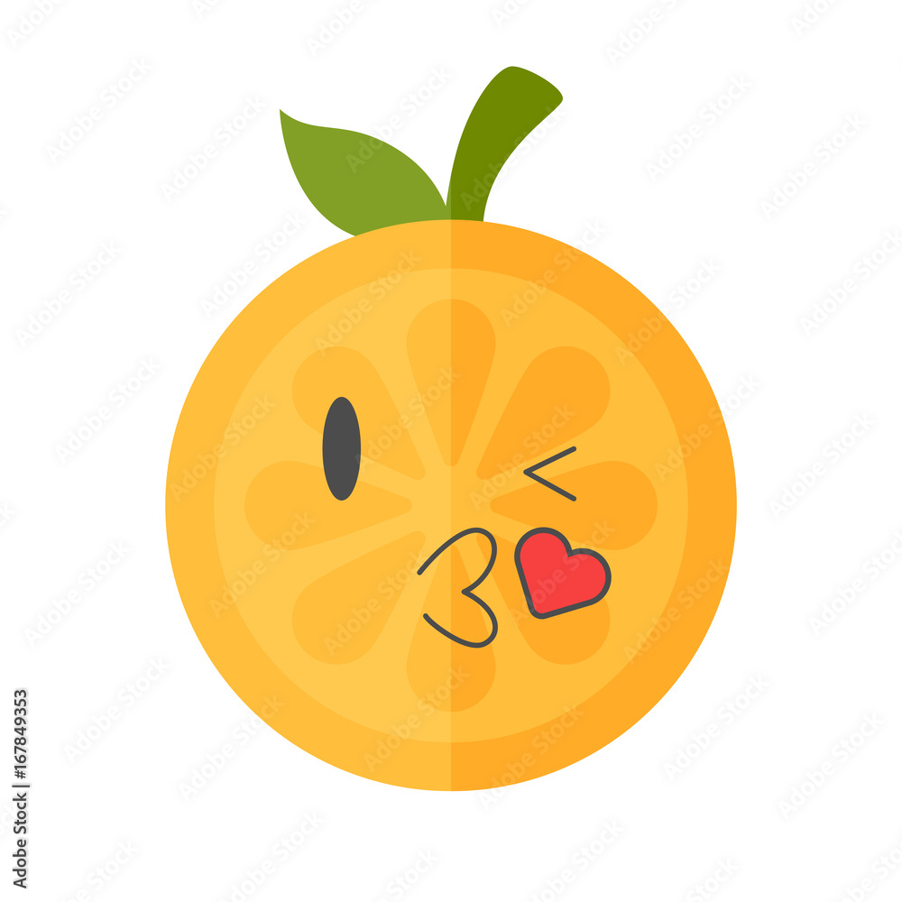 Obraz premium Kiss emoji. Kissing orange fruit emoji with heart. Vector flat design emoticon icon isolated on white background.