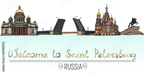 Set of the landmarks of Saint Petersburg, Russia. Vector Illustration. Russian architecture. Color silhouettes of famous buildings located in St. Petersburg.