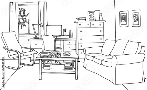 Vector illustration of modern living room with furniture: table, sofa,  armchair, desk with computer, window, pots, carpet. Black and white contour  drawing. Stock Vector | Adobe Stock