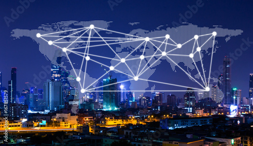 network and world map on city,networking concept,Technology and network connection communication concept, Elements of this image furnished by NASA.