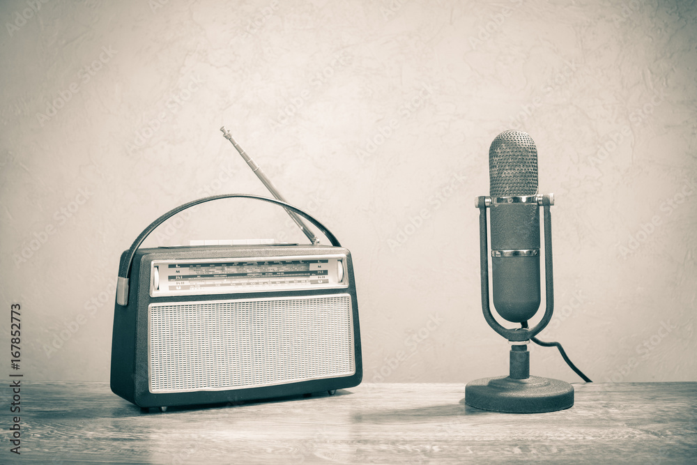 Retro sudio microphone and old radio receiver from 60s. Vintage style sepia  photo Stock Photo | Adobe Stock