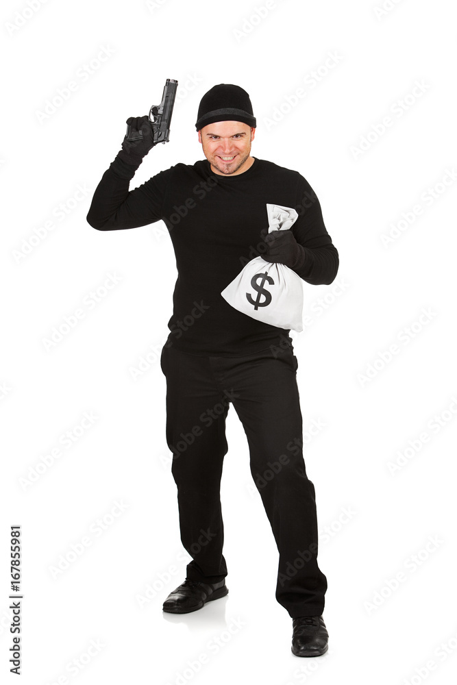 Burglar: Man Holding Gun and Cash Burglar: Man Holding Gun and Cash