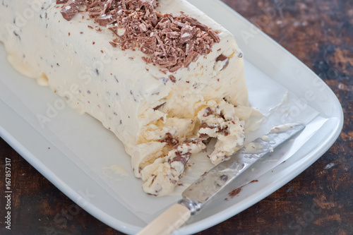 homemade ice cream cake with vanilla and chocolate