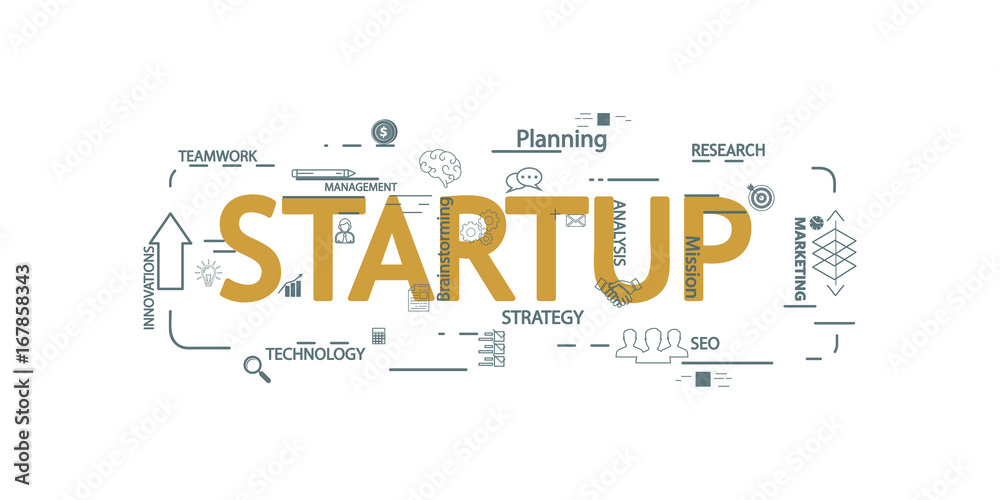 Naklejka Vector creative illustration of business startup word lettering typography with line icons, tag cloud on white background. Startup technology concept. Thin line art style design for business startup