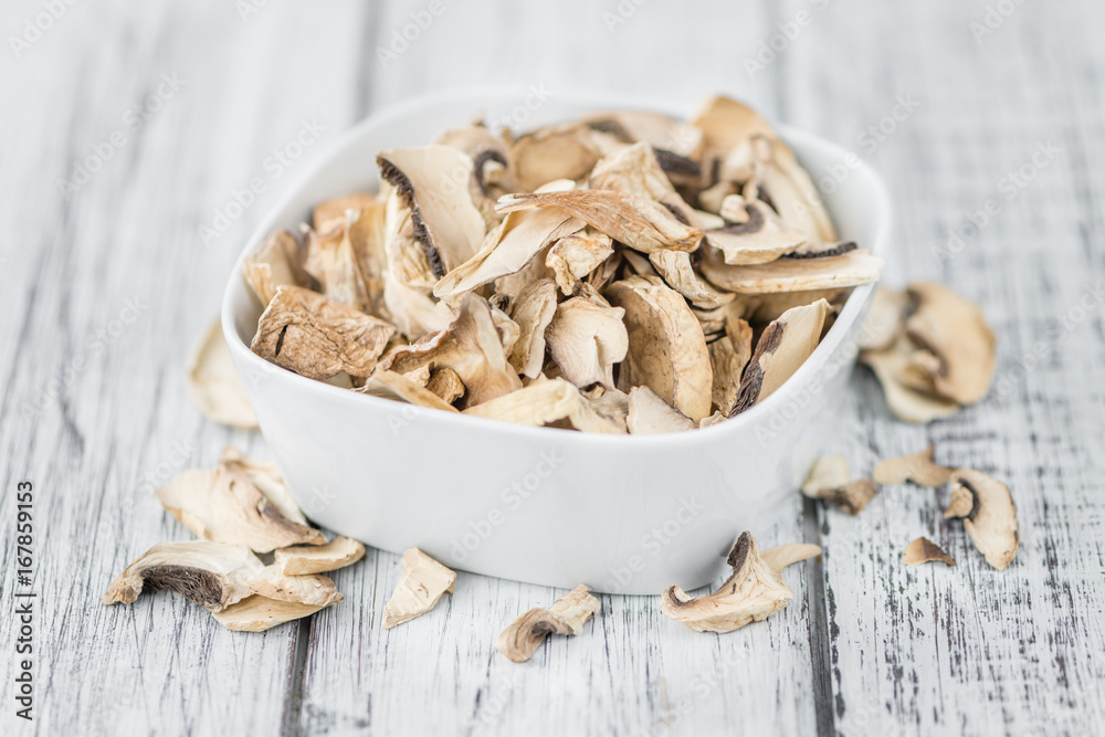 Dried white Mushrooms selective focus Dried white Mushrooms selective focus