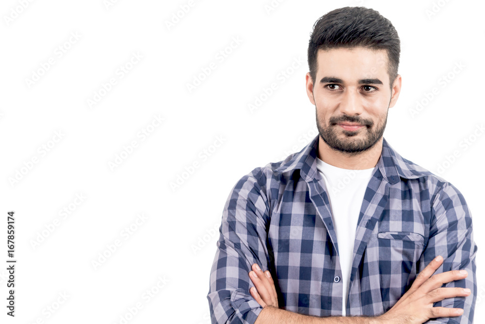 Portrait of handsome man smiling with copy space isolated on white background Portrait of handsome man smiling with copy space isolated on white background