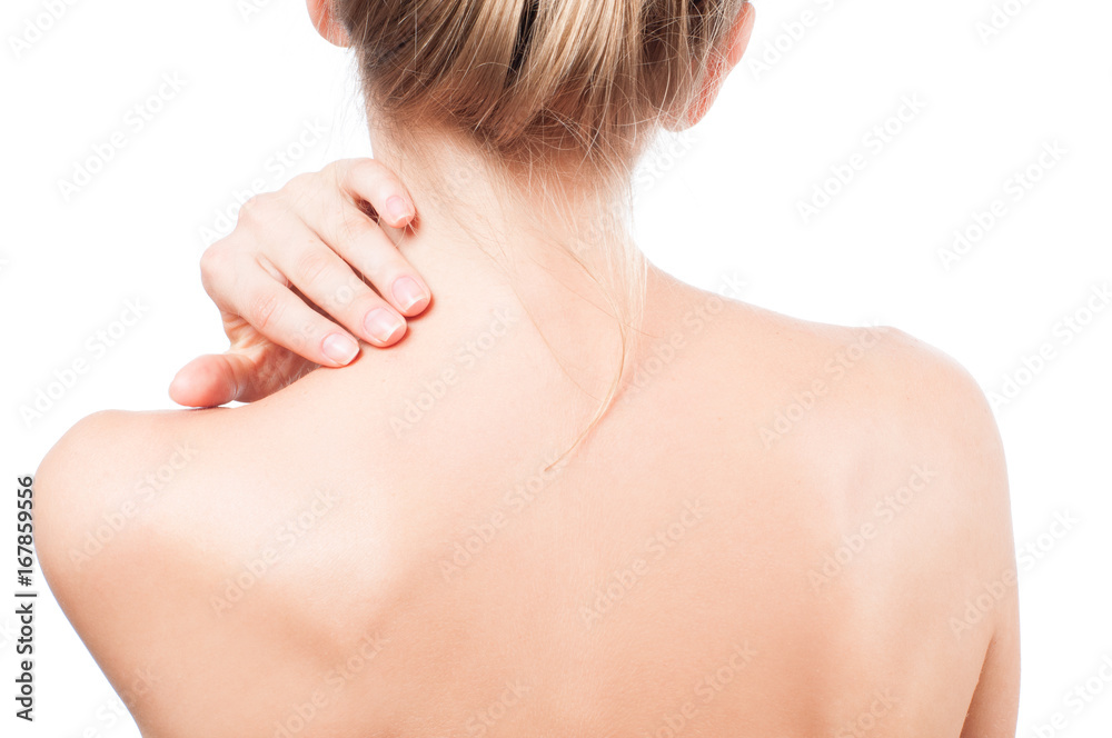 Woman has neck pain. Nude shoulders girl from the back. Woman has neck pain. Nude shoulders girl from the back.