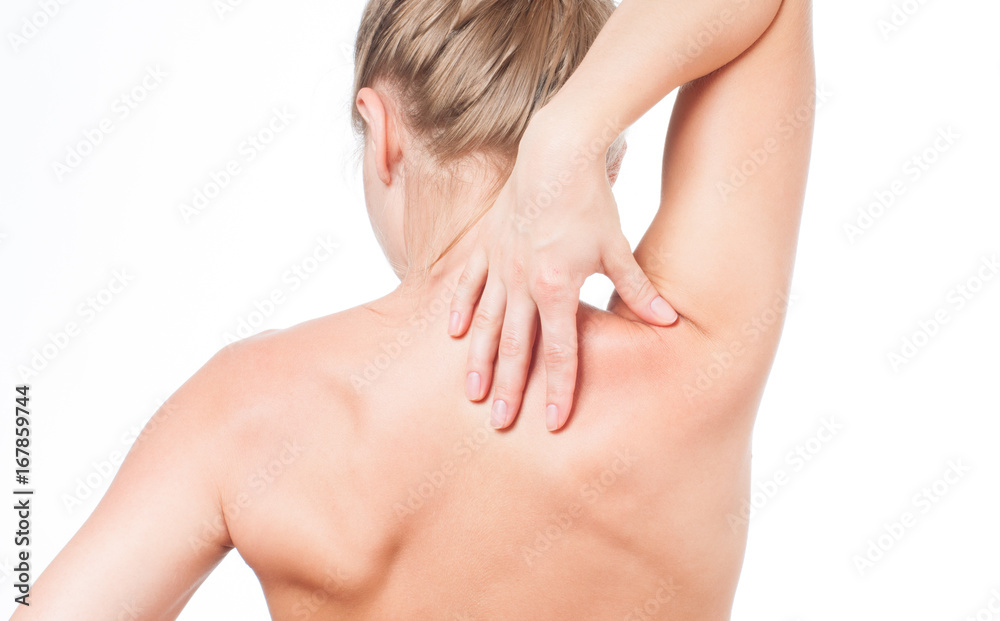 Woman has neck pain. Nude shoulders girl from the back. Woman has neck pain. Nude shoulders girl from the back.
