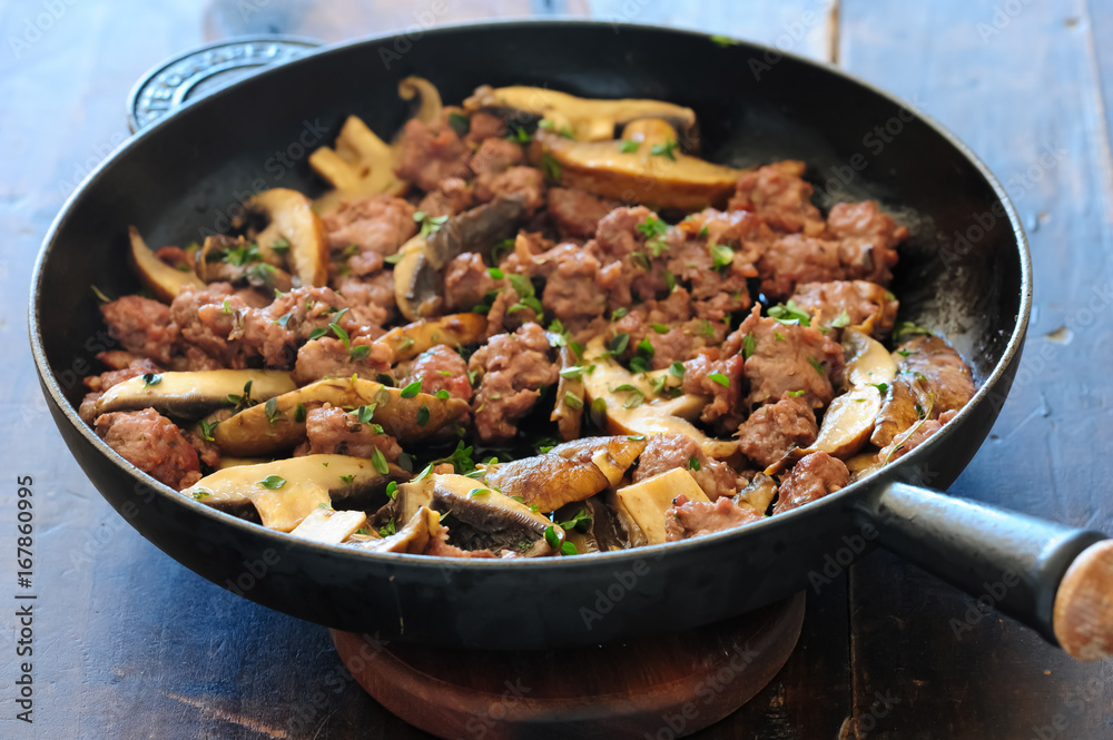 Fresh cooked meal with sausages, mushies Fresh cooked meal with sausages, mushies