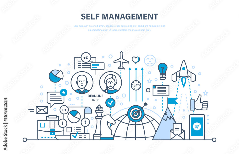 Self management concept. Control, personal growth, emotional intelligence, leadership skills.