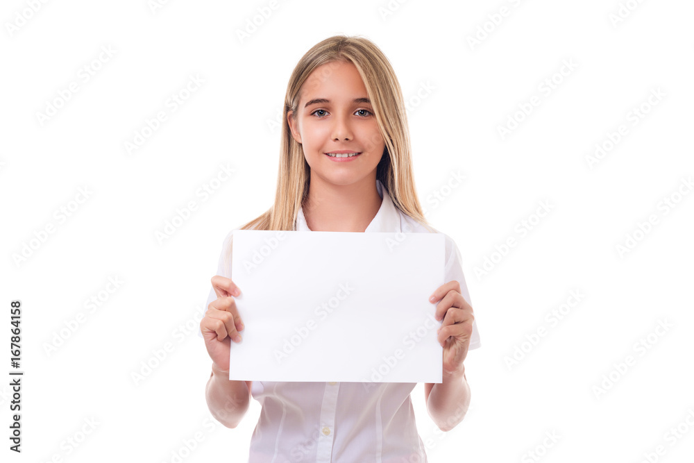 teen girl in white shirt holding advertising sign board. ,isolated teen girl in white shirt holding advertising sign board. ,isolated