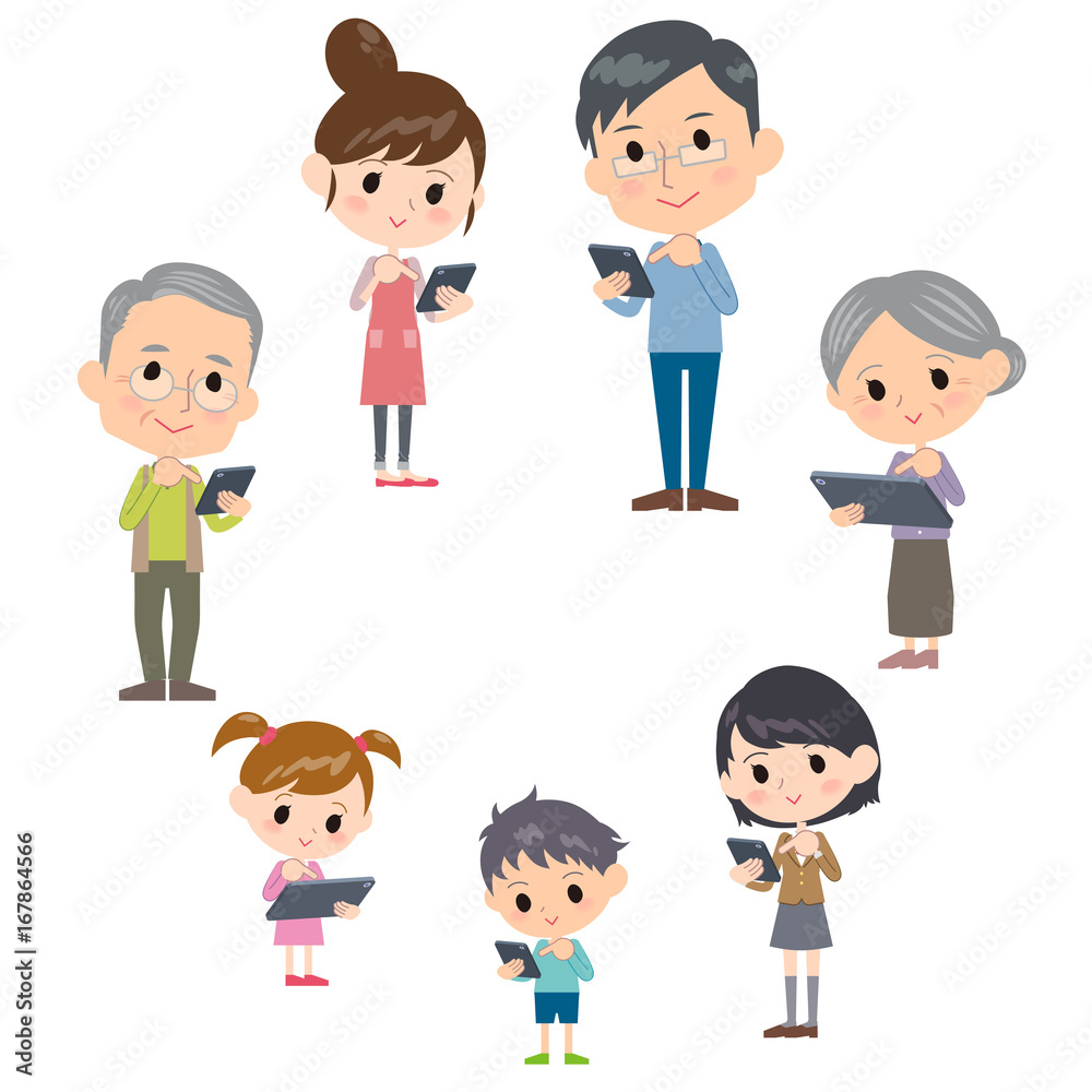 family three generations internet communication smartphone tablet round