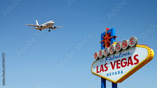 Welcome to Fabulous Las Vegas Sign with Arriving Airplane