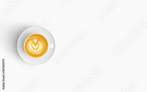 Modern workspace with coffee cup copy space on white color background. Top view. Flat lay style.