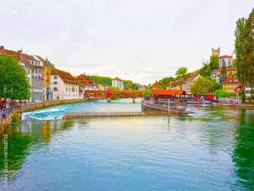 Chapel Bridge and Water Tower in Luzern - Switzerland